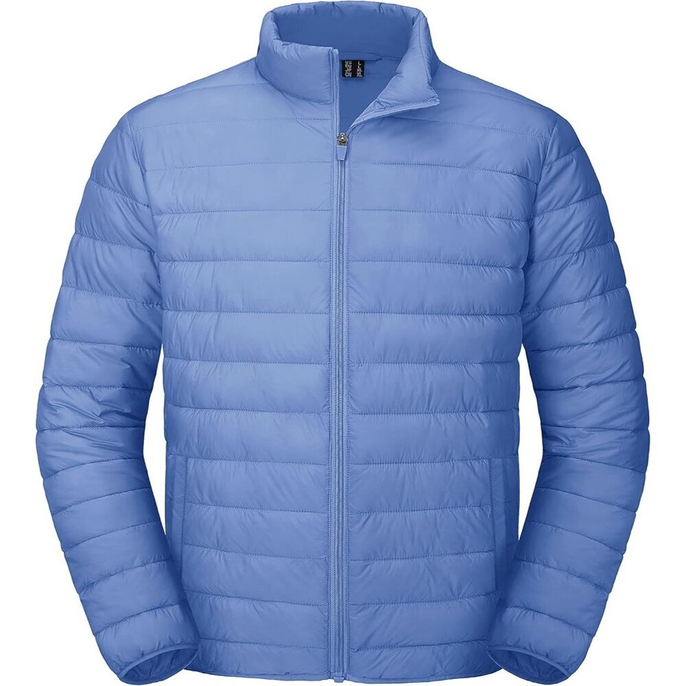 Mens Light Blue Stand-Up Collar Outerwear Water Resistant Quilted Puffer Jacket